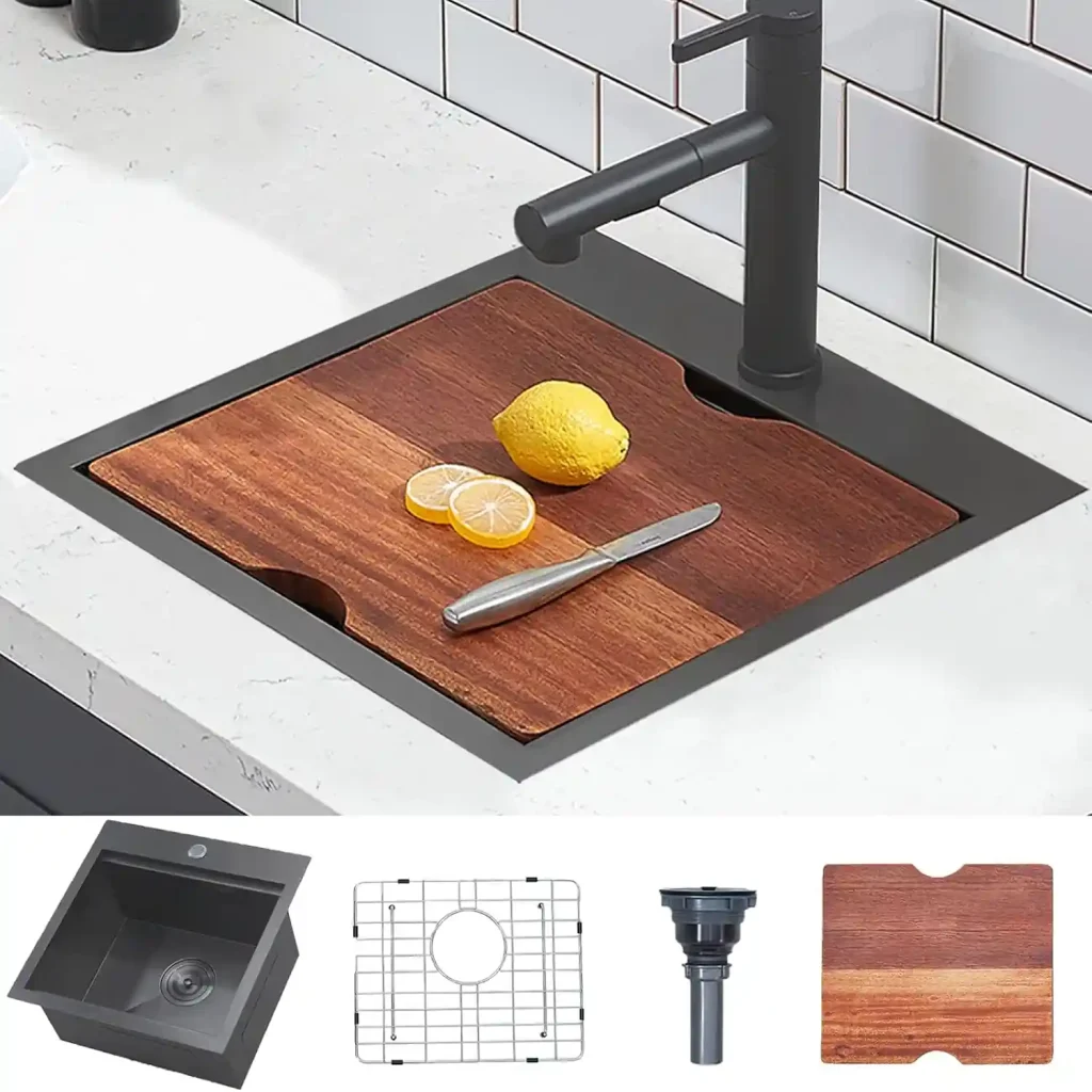 VCCUCINE 18英寸 × 18英寸 黑色不锈钢台面式工作台水槽，配砧板和沥水架，适用于建筑商及住宅项目