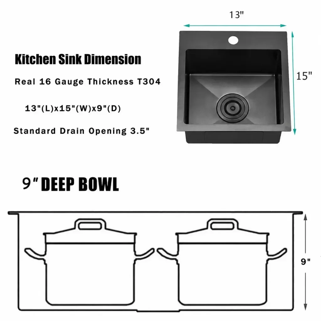 13x15x9英寸黑色嵌入式单盆吧台水槽尺寸图,16号T304不锈钢材质,3.5英寸标准排水孔,盆深9英寸