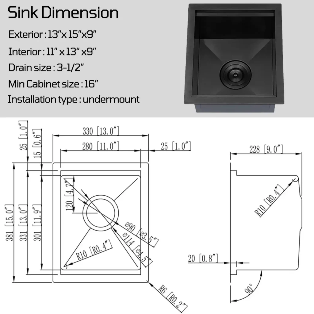 尺寸图:13×15×9英寸黑色纳米工作台式吧台水槽,外尺寸13×15,内尺寸11×13,深度9英寸