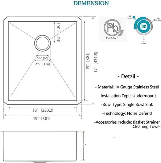 15×17×9英寸黑色下嵌式单盆吧台水槽尺寸图,内盆尺寸13×15英寸,排水孔直径3.5英寸,18号不锈钢材质