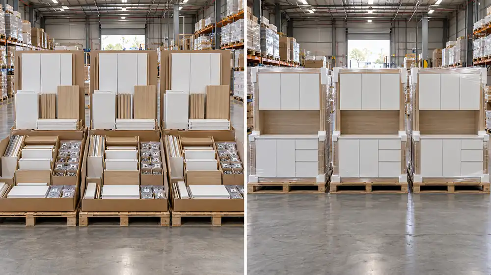 Side by side comparison of flat packed cabinet parts and fully assembled white shaker cabinets