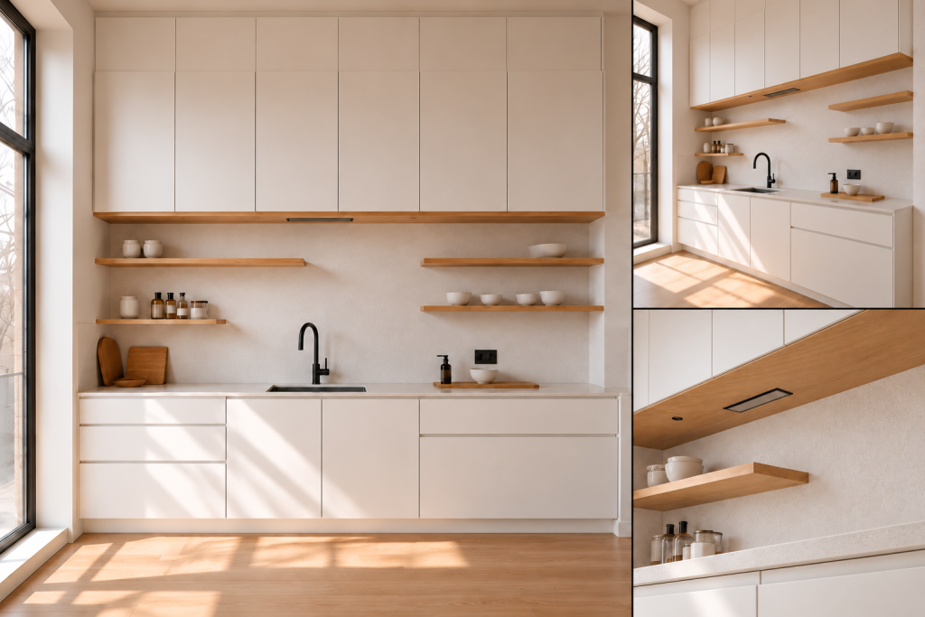 VCCUCINE-PW 澳大利亚项目公寓：简约暖白色三聚氰胺厨房橱柜，配有实木开放式层架