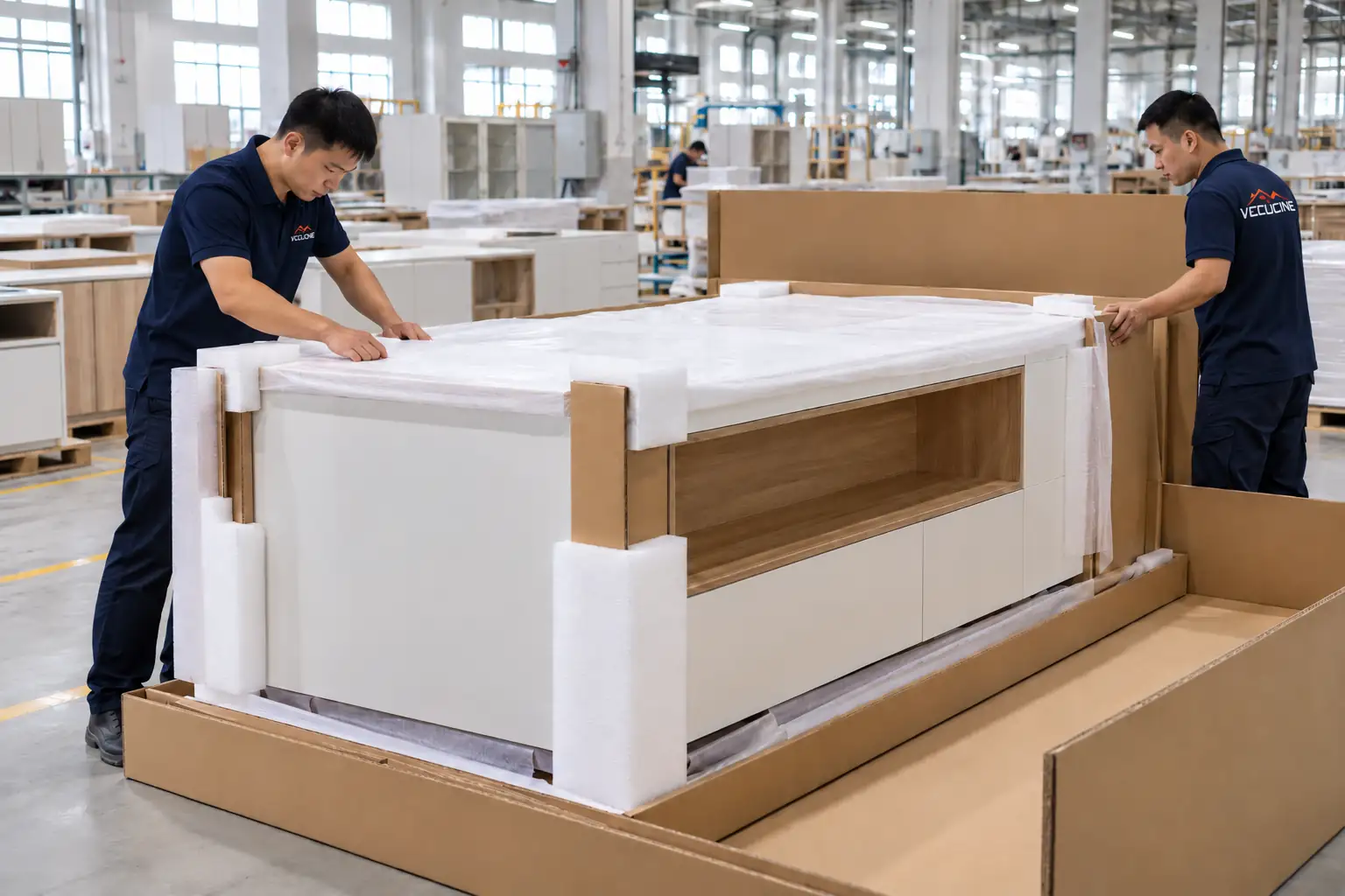 Pre assembled kitchen island protected for export shipment