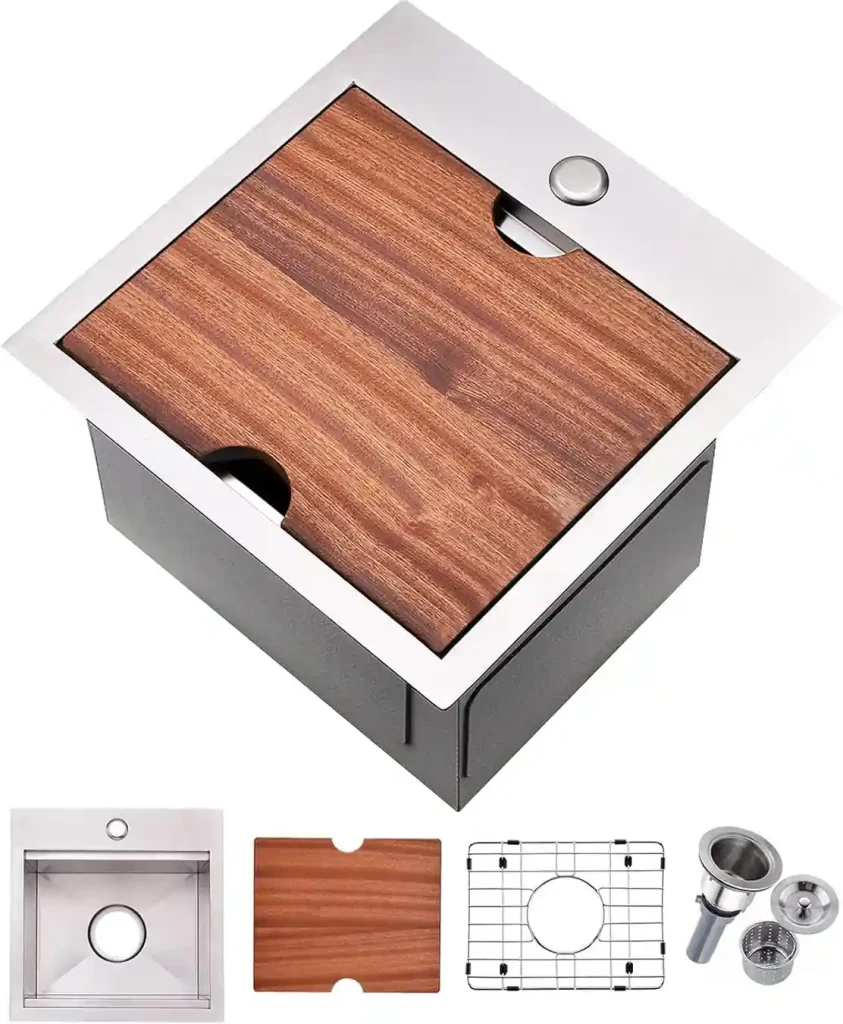 VCCUCINE 15英寸 × 15英寸 拉丝不锈钢工作台式吧台水槽（带木质砧板）