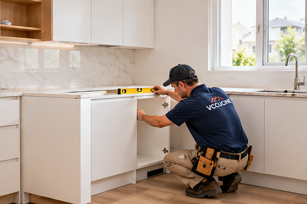Installer checking kitchen cabinet installation tolerance on site