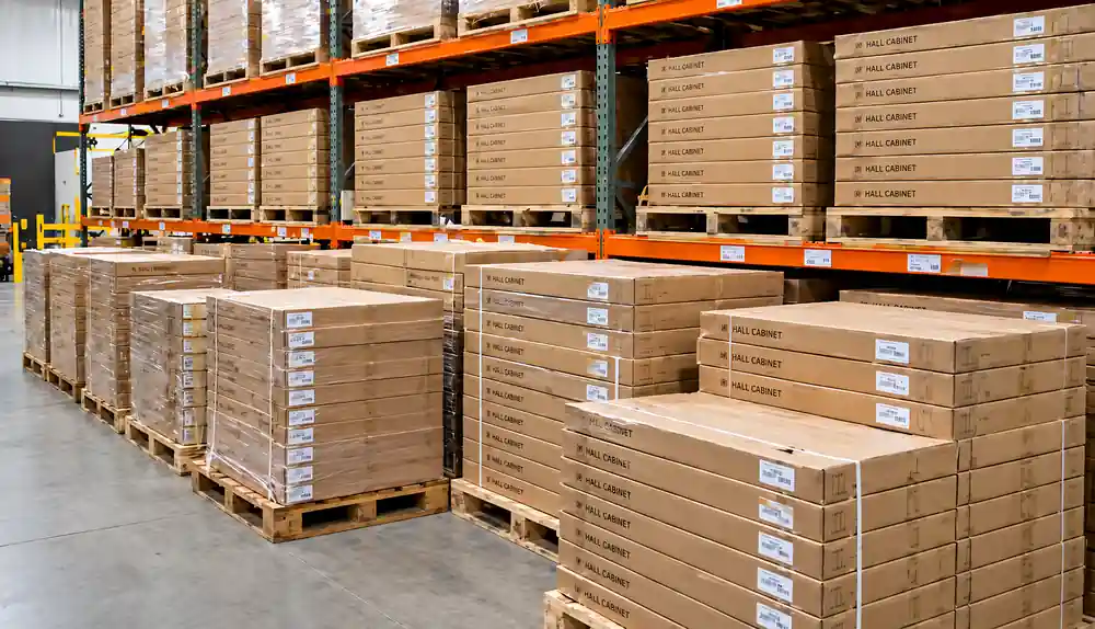 Cardboard boxed cabinet panels neatly stacked on industrial warehouse shelving