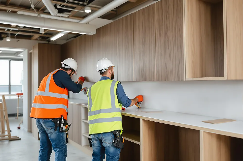Australian builder kitchen joinery installation on a residential construction site